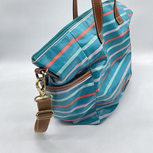 Fossil Stripe Coated Canvas Large Tote Bag Crossbody Strap Multicolor Beach Bag - Picture 5 of 9